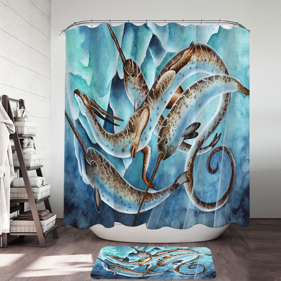 Shower Curtains with Dragon and Fantasy Creatures Art Icy Depths