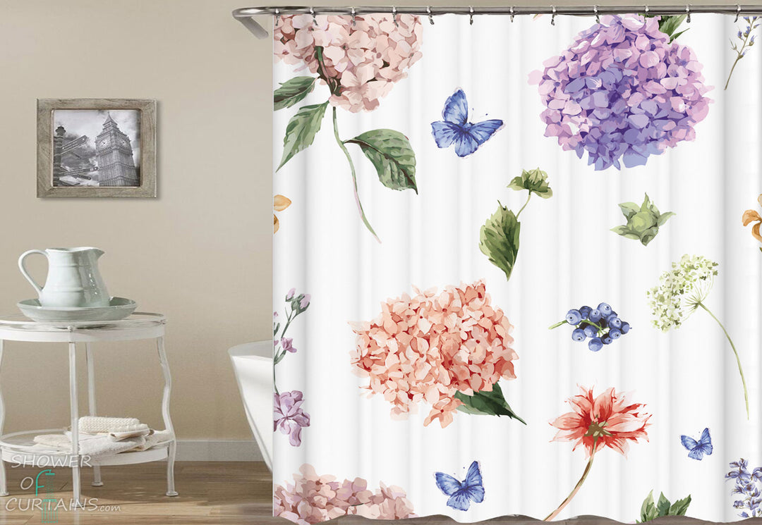 Shower Curtains with Elegant Flowers and Butterflies