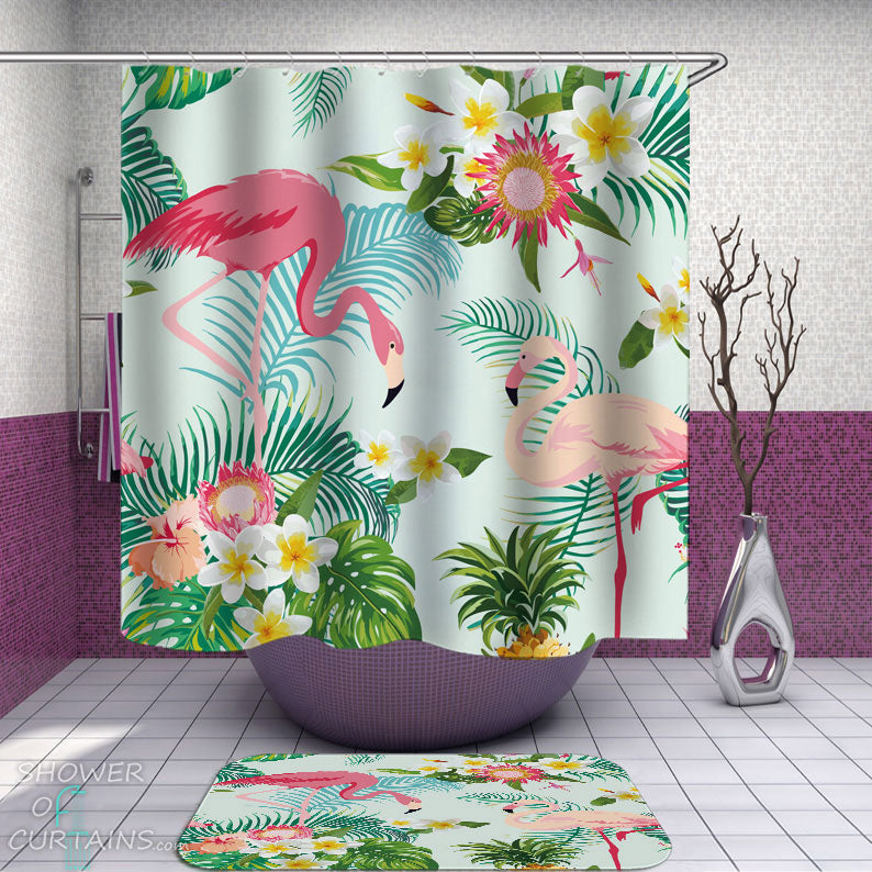 Shower Curtains with Flamingos and Fresh Tropical Flowers