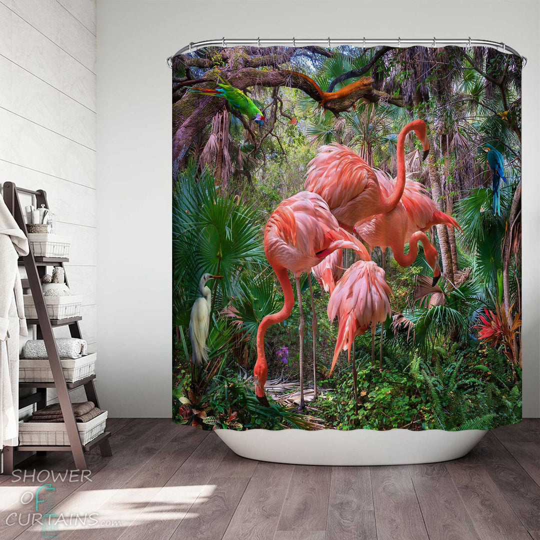 Shower Curtains with Flamingos in Nature