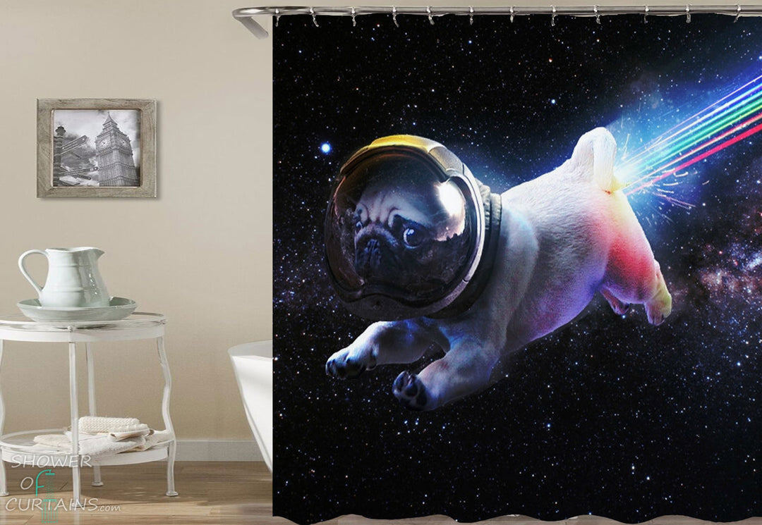 Shower Curtains with Funny Astronaut Pug Dog