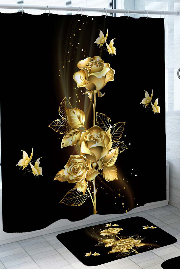 Shower Curtains with Gold Roses and Butterflies