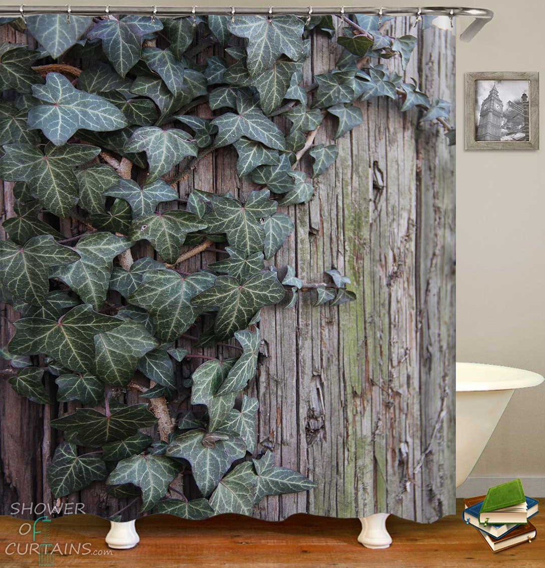 Shower Curtains with Green Leaves on Old Wood Wall
