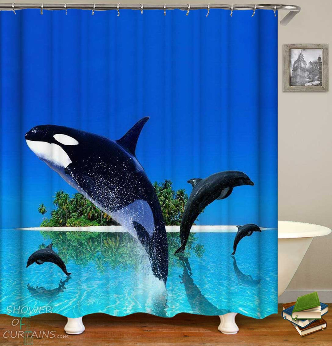 Shower Curtains with Jumping Orca and Dolphin
