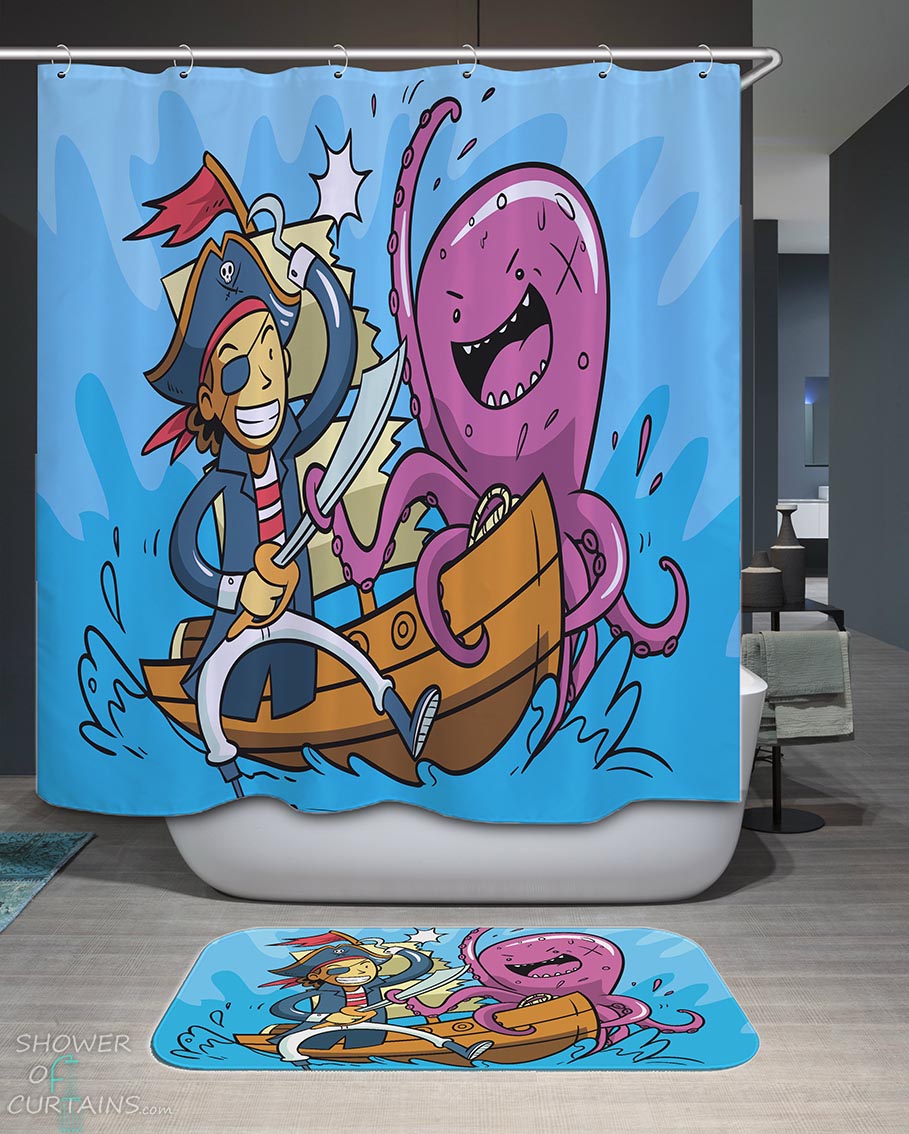 Shower Curtains with Kids Pirates Captain and Octopus