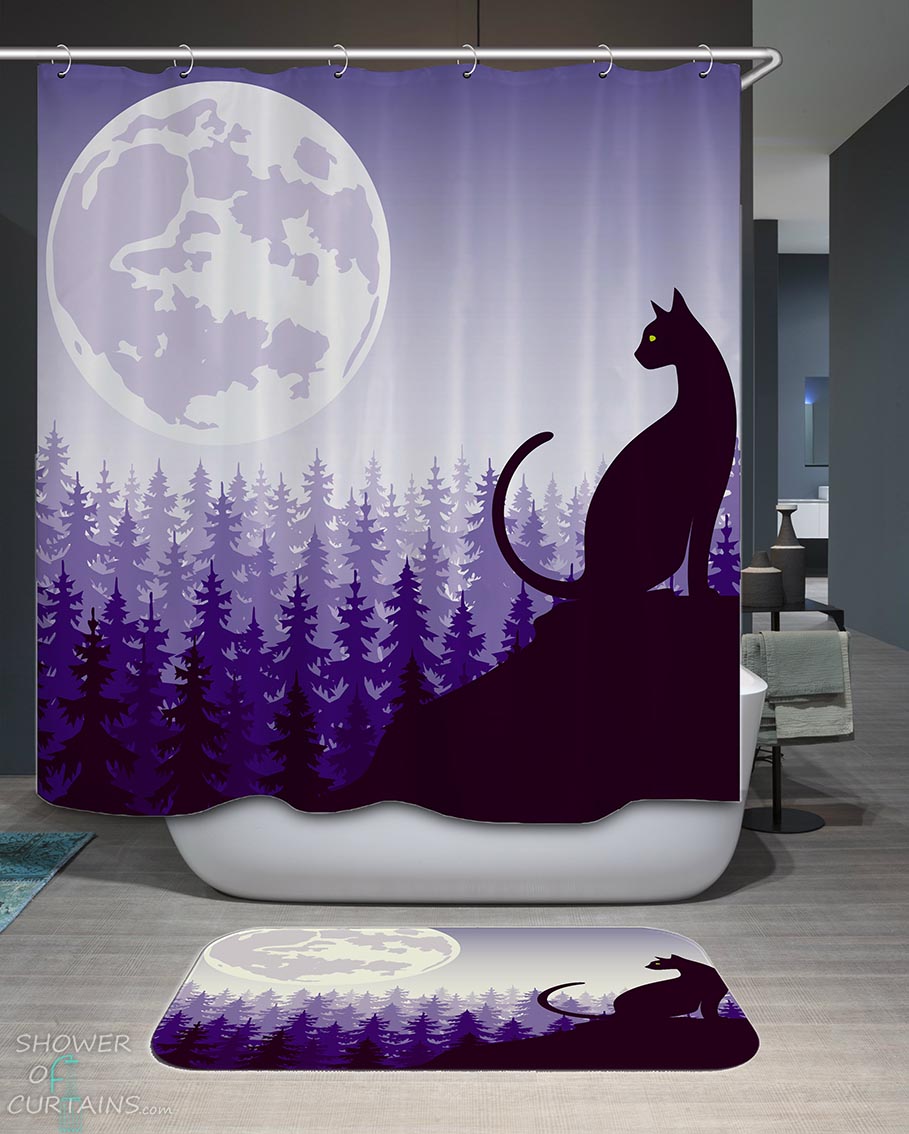 Shower Curtains with Moon Black Cat