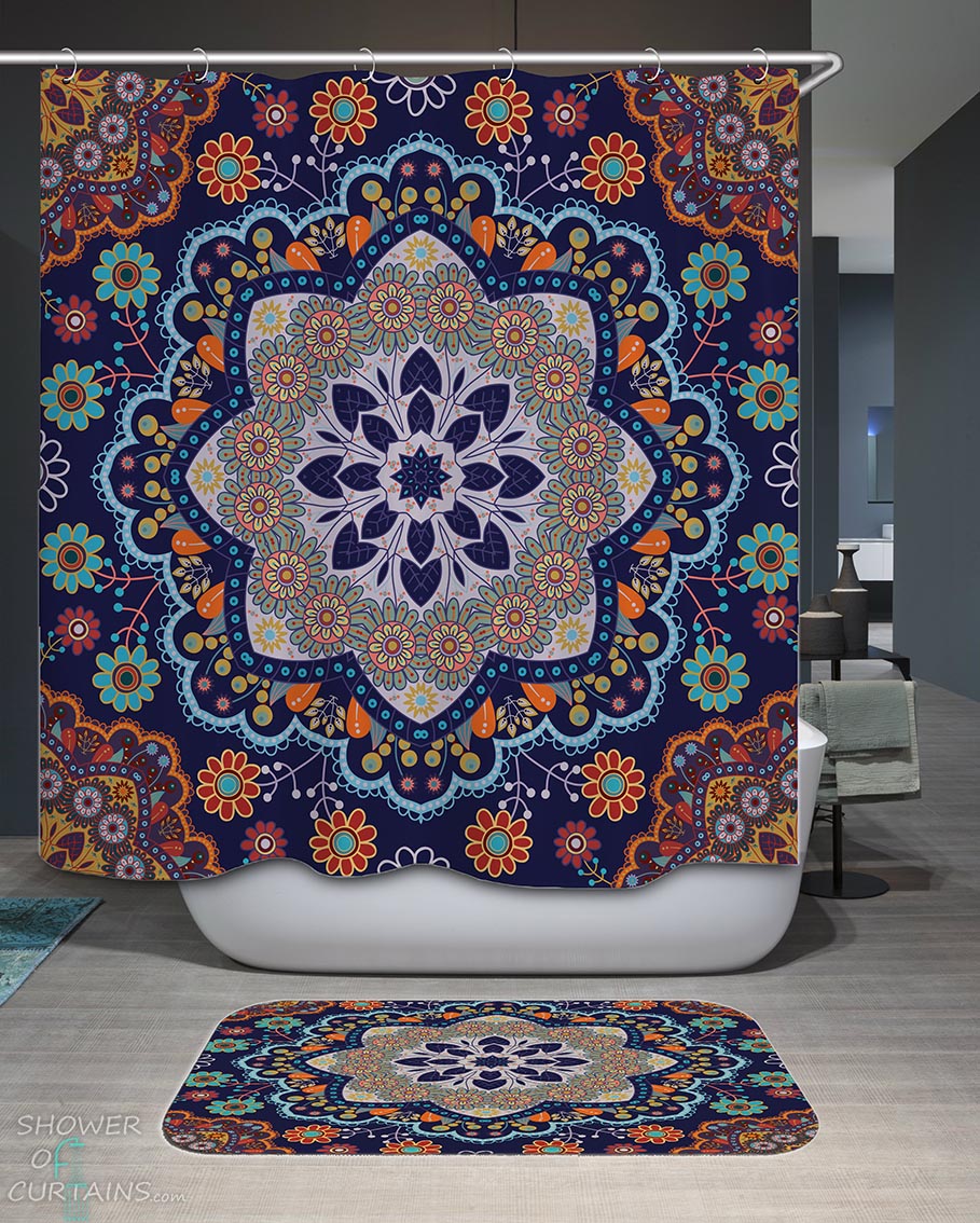 Shower Curtains with Multi Colored Oriental Mandala and Elements