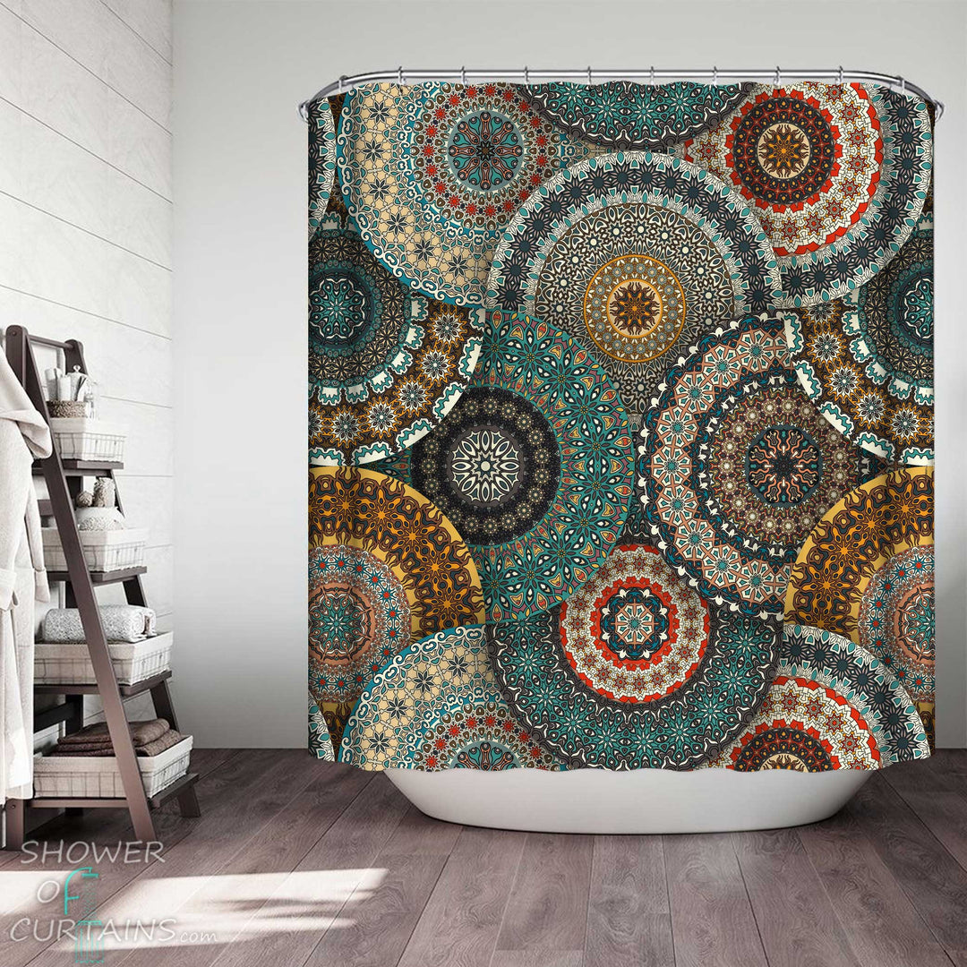 Shower Curtains with Multi Colored Oriental Mandalas