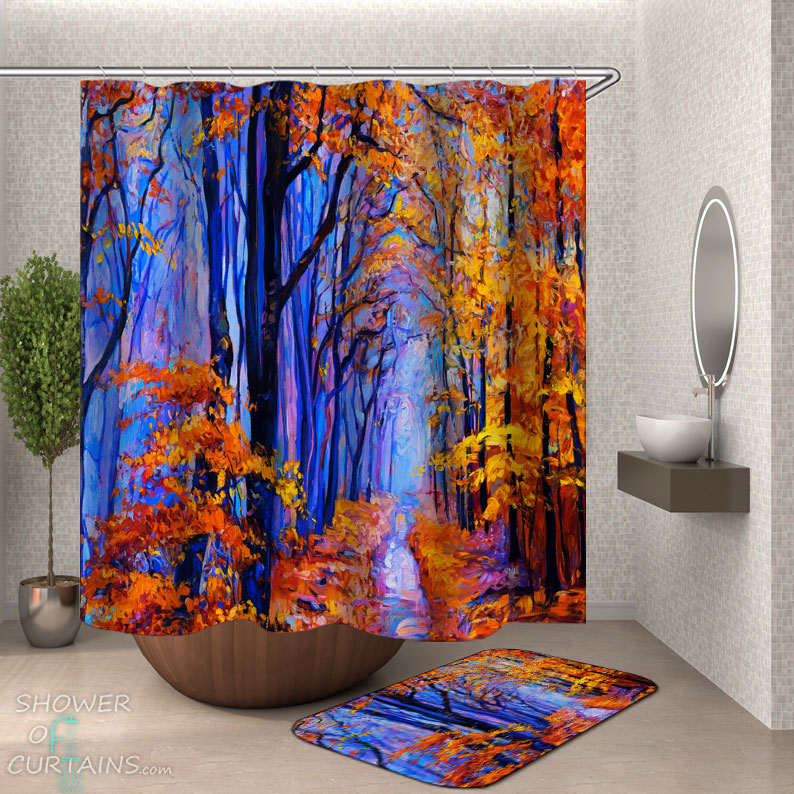 Shower Curtains with Orange Fall Forest
