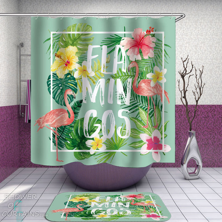 Shower Curtains with Plumeria Hibiscus and Flamingo