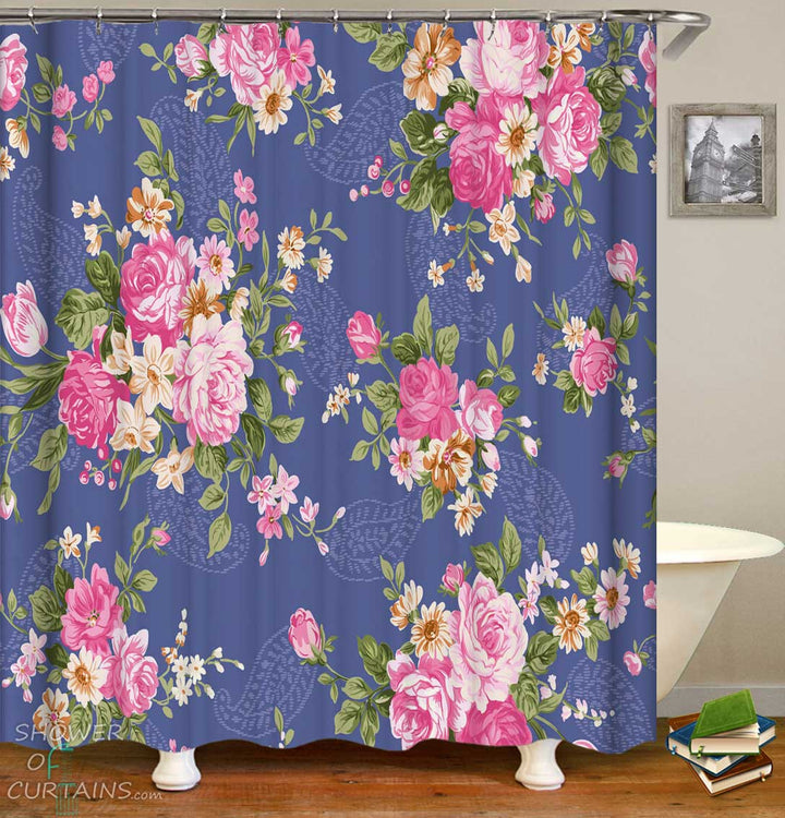 Shower Curtains with Roses over Paisley