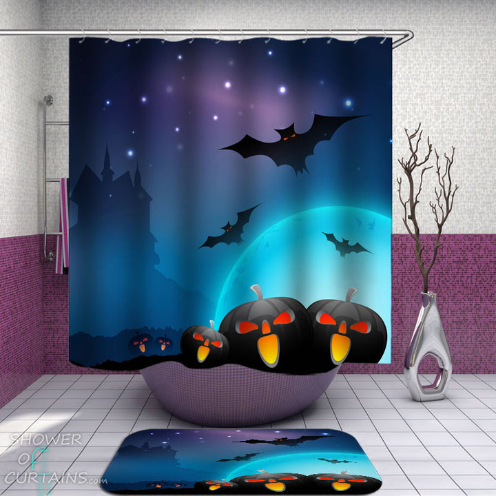 Shower Curtains with Scary Halloween Pumpkins and Bats