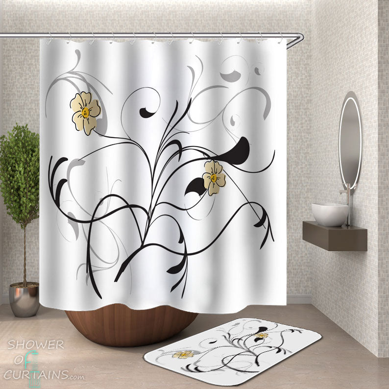 Riyidecor Floral Shower Curtain - Black White Wildflower Botanical Print, Waterproof Polyester, 48x72 Inches, Includes 8 Hooks