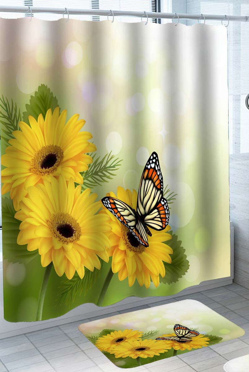 Shower Curtains with Sunflowers and Orange Butterfly