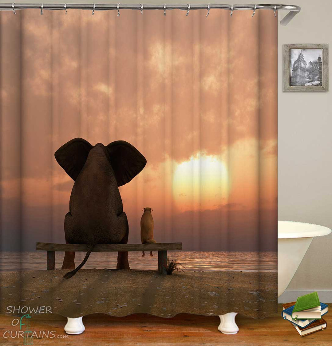 Shower Curtains with Sunset Elephant