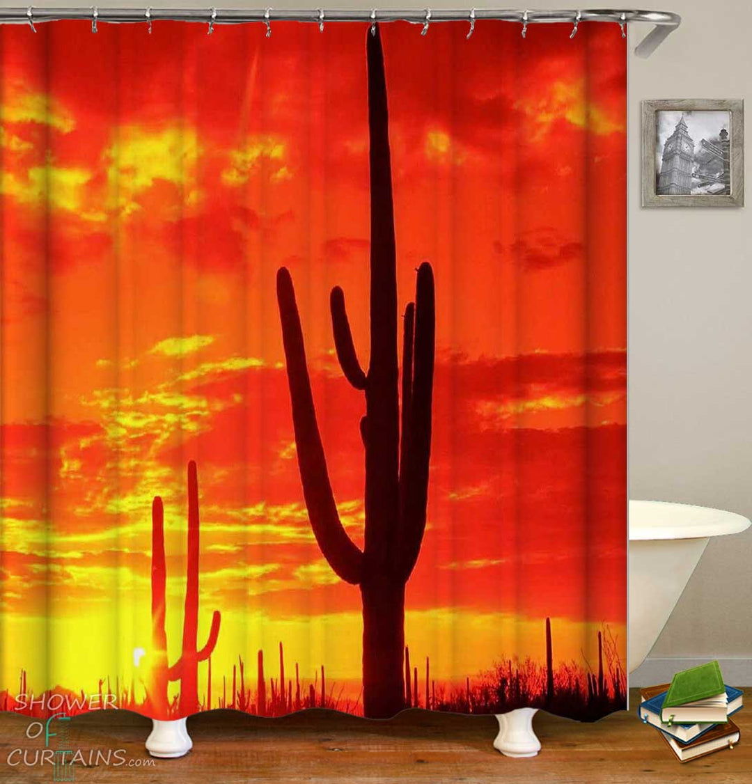 Shower Curtains with Sunset Over Saguaro Cactus