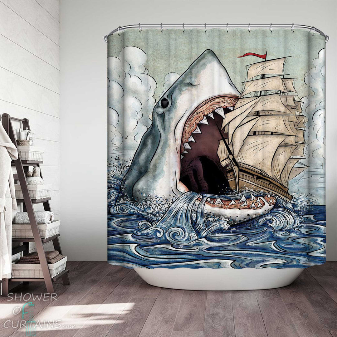 Shower Curtains with The Great White Shark vs Ship