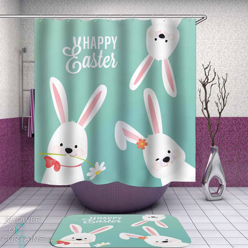 Shower Curtains with Three Happy Easter Bunnies