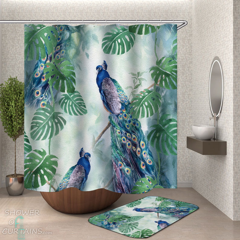 Shower Curtains with Tropical Leaves and Peacock