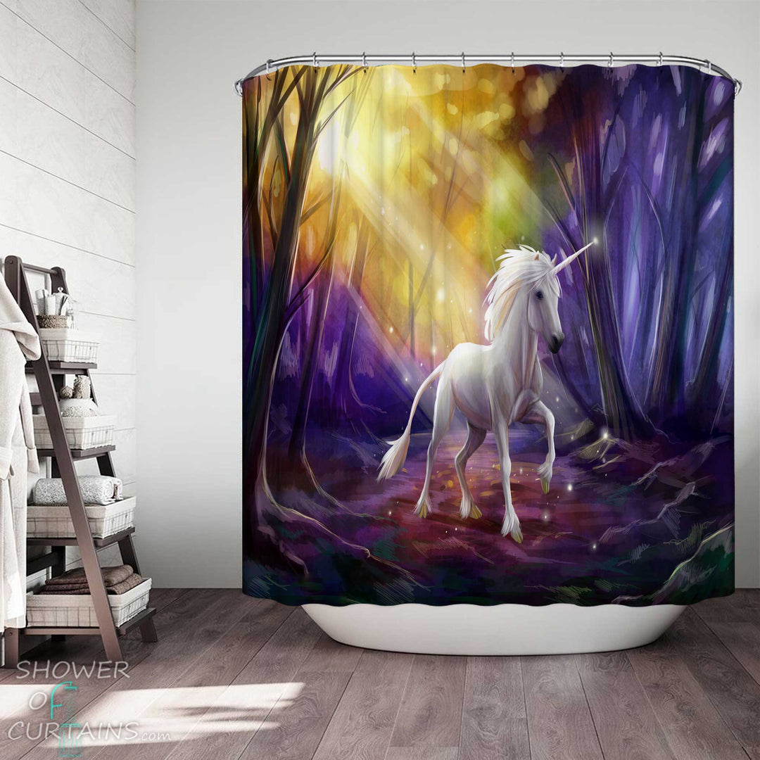 Shower Curtains with Unicorn in the Forest