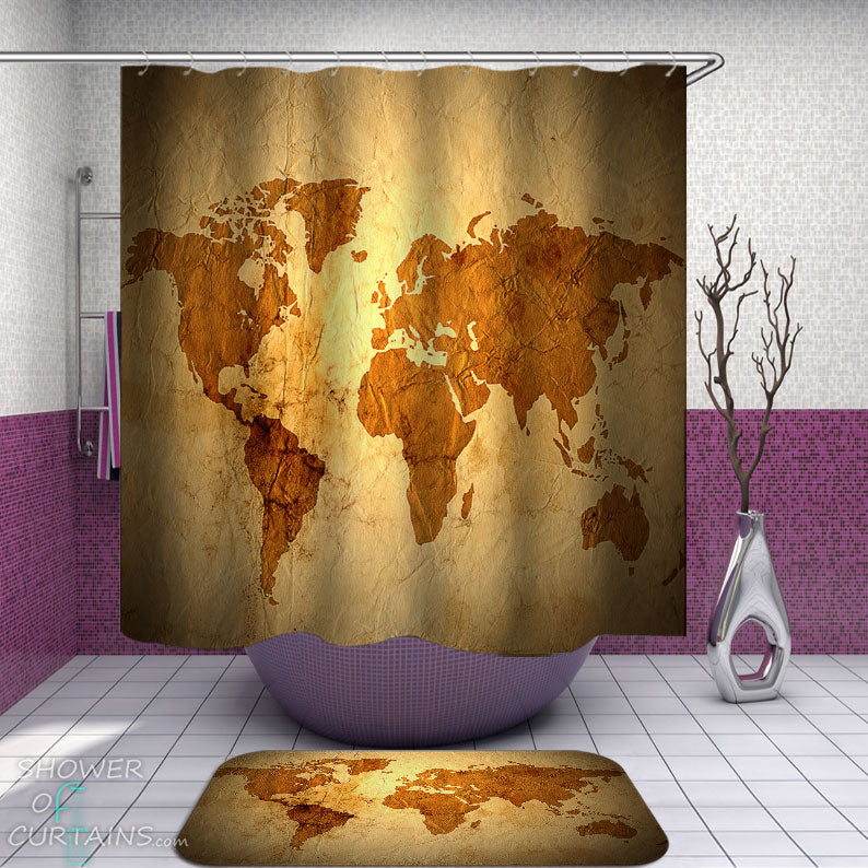 Shower Curtains with Worn Leather World Map