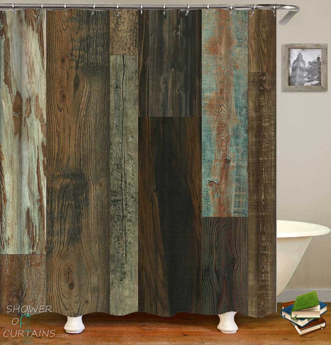 Shower Curtains with Worn Turquoise Wood