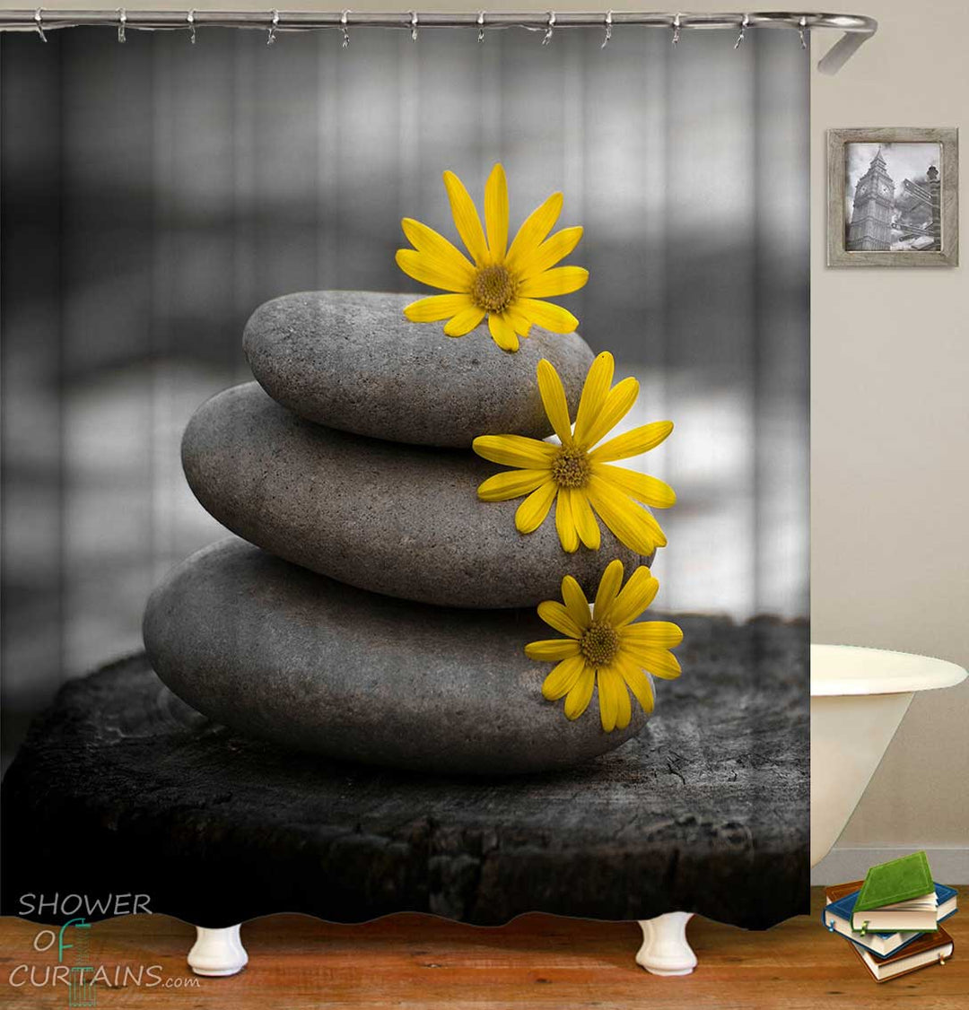 Shower Curtains with Yellow Flowers on Pebbles