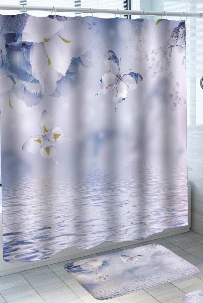 Shower Curtains with Yellow White Blue Butterflies