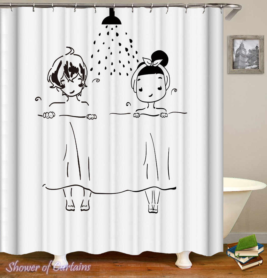 Shower Curtain of Black And White Drawing Couples Shower