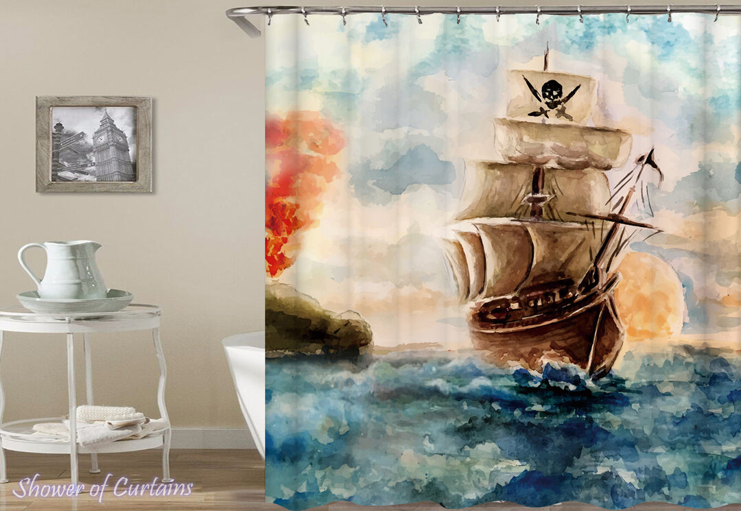 Shower Curtain of Water Painting Pirate Ship