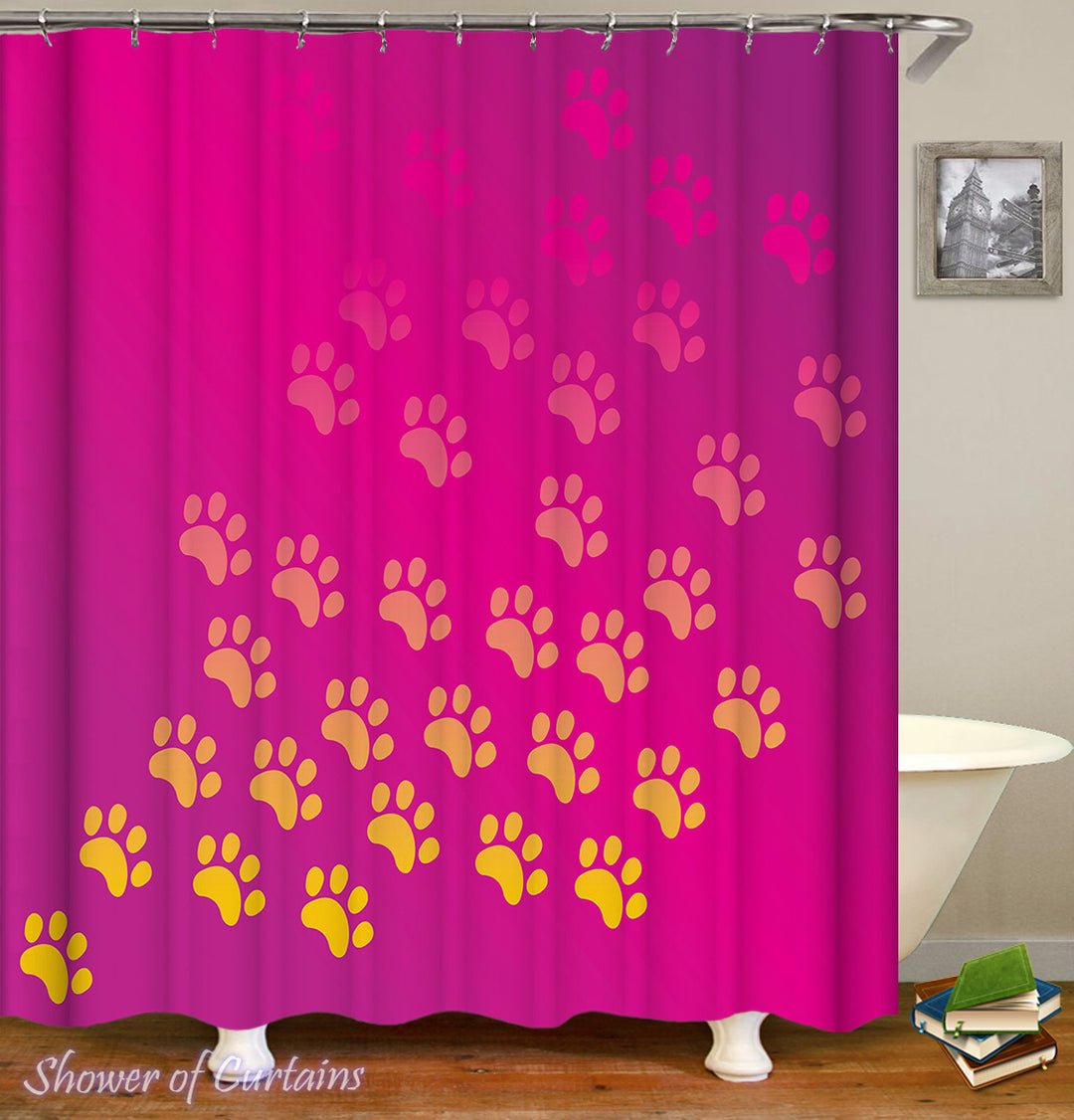 Shower Curtains of Dog Paws Over Red Violet Shower Curtain