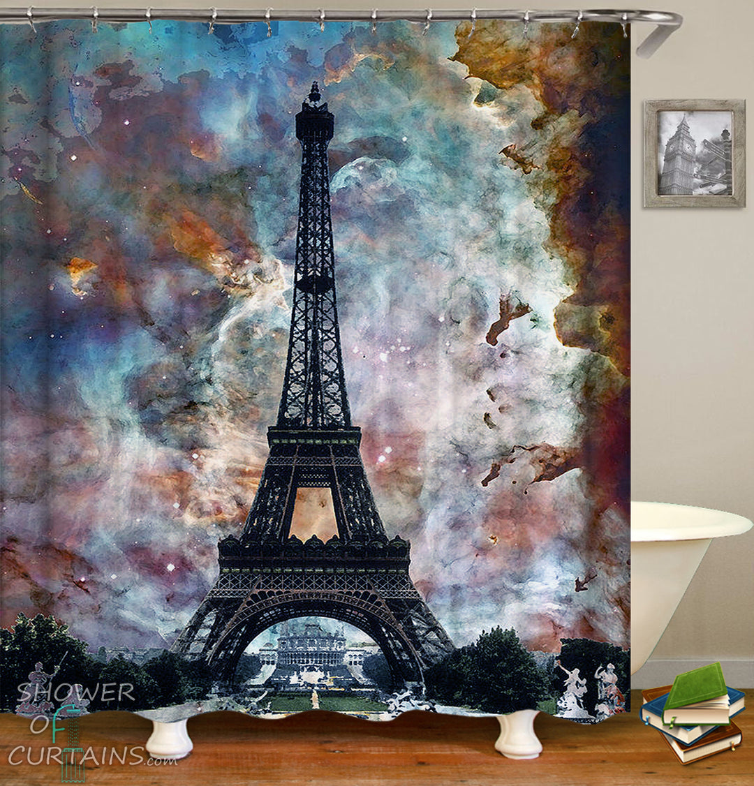 Shower Curtains of Eiffel Tower Over Magical Skies