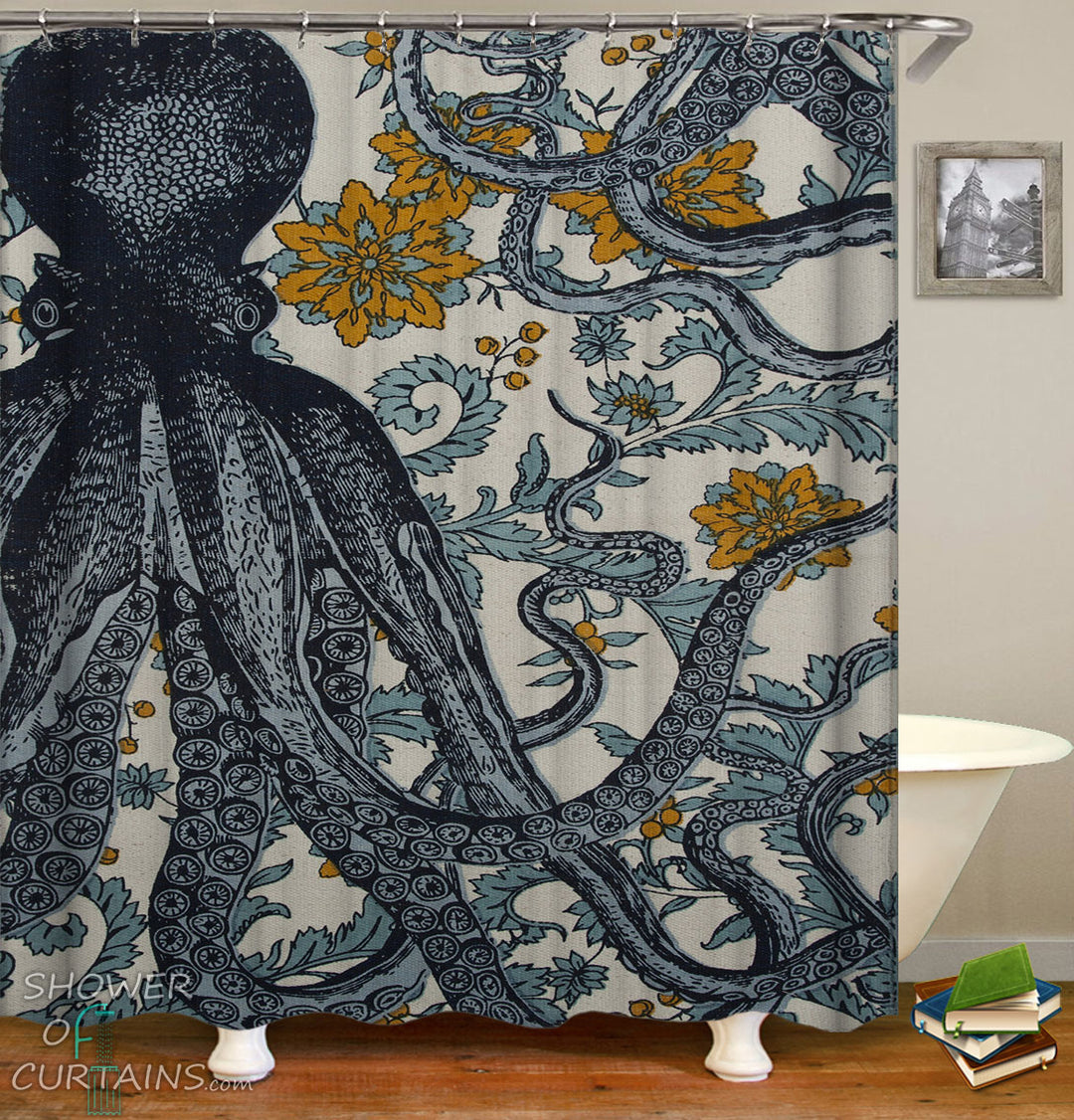 Shower Curtains of Vintage Octopus Flowery Background