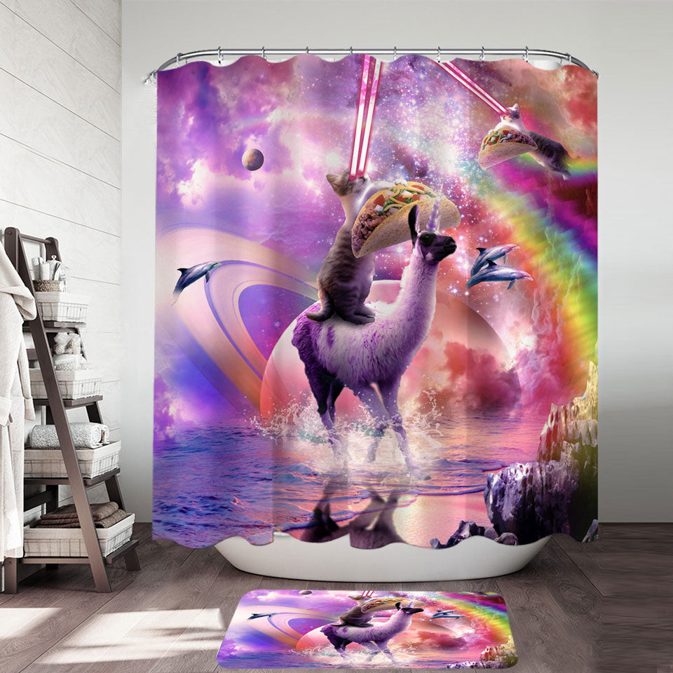 Space Cat on Llama Unicorn Eating Taco Shower Curtain