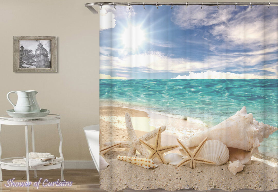Starfish and Shells Ocean View - beach shower curtain