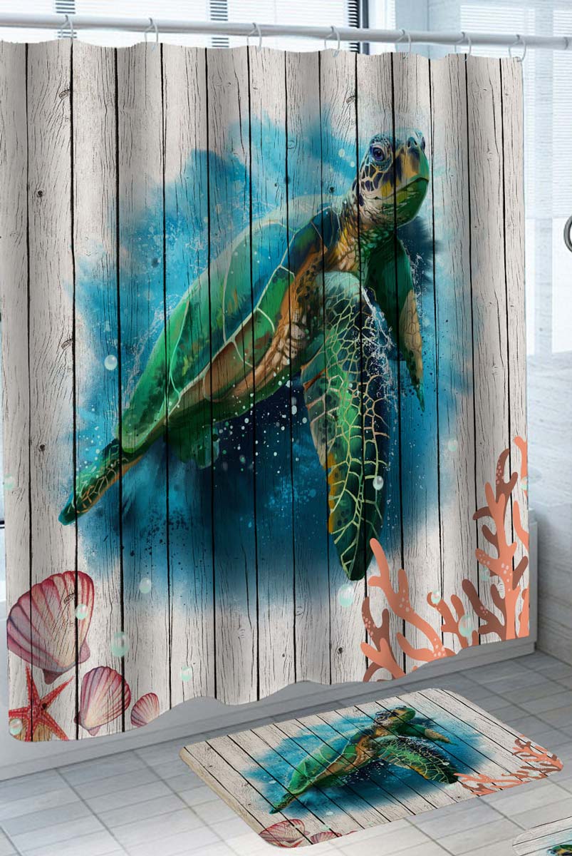 Stunning Turtle Art on Wooden Deck Shower Curtains with Rustic Design
