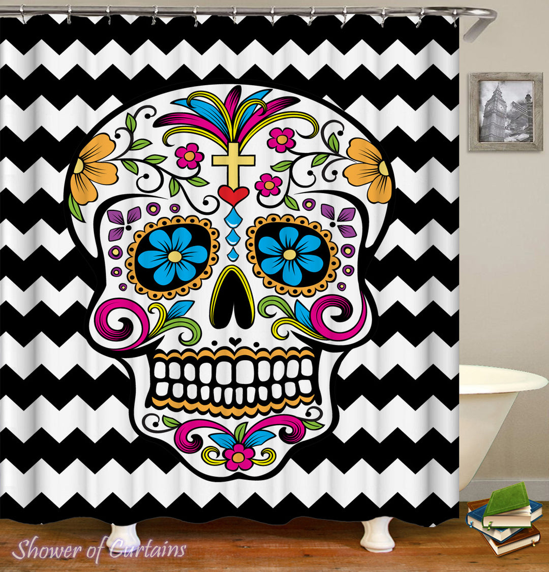 Sugar Skull Shower Curtain Design - Sugar Skull Black & White Chevron