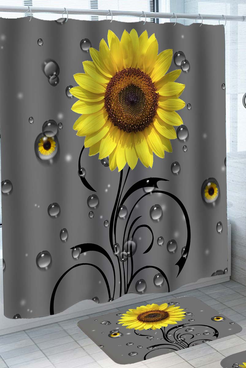 Sunflower over Grey with Bubbles Shower Curtain