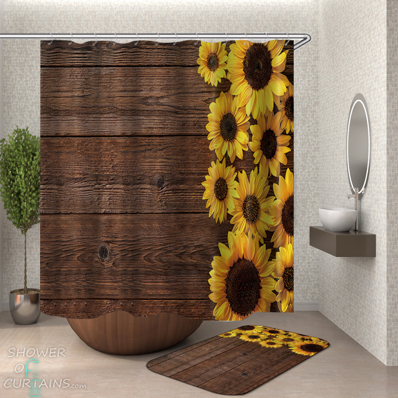 Sunflower Shower Curtain of Sunflowers On A Wooden Deck