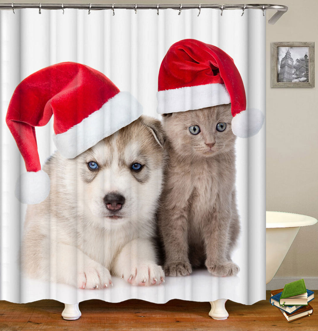 Sweet Dog and Cat Puppies Ready for Christmas Shower Curtains