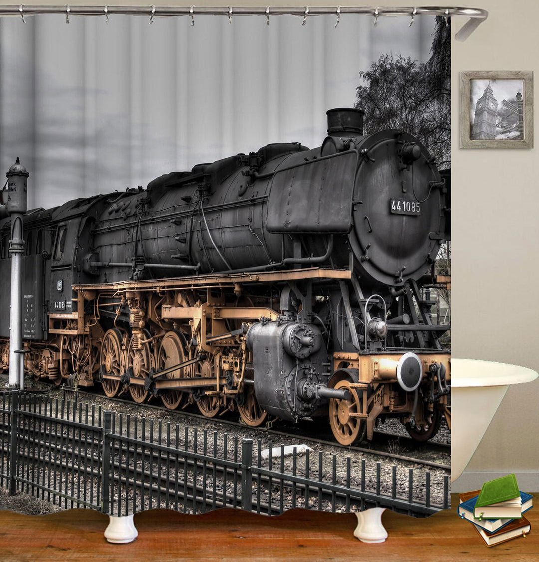 Train Shower Curtains Artistic Colored Old Fashioned Steam Train