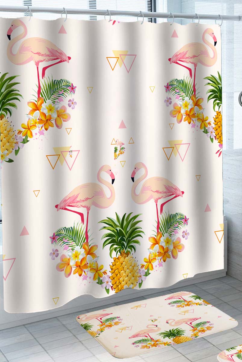 Tropical Flowers Pineapple and Flamingo Shower Curtain