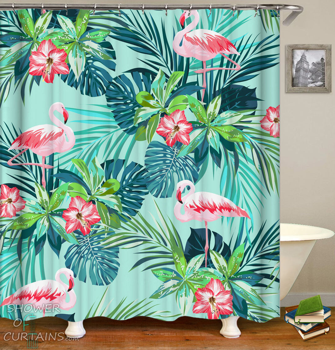 Tropical Flamingo Shower Curtains - Flamingo And Tropical Green