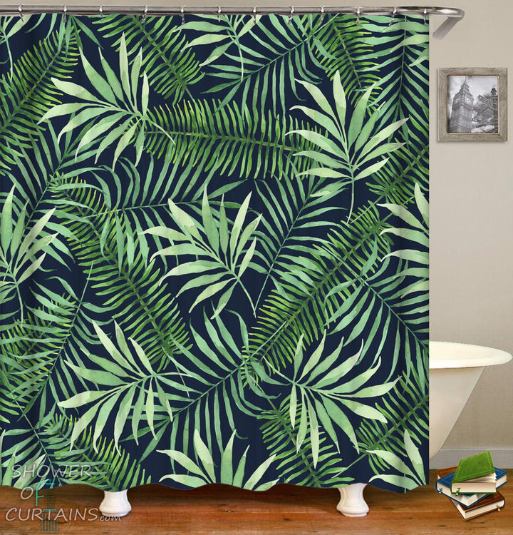 Tropical Shower Curtains - Tropical Leaves Over Black