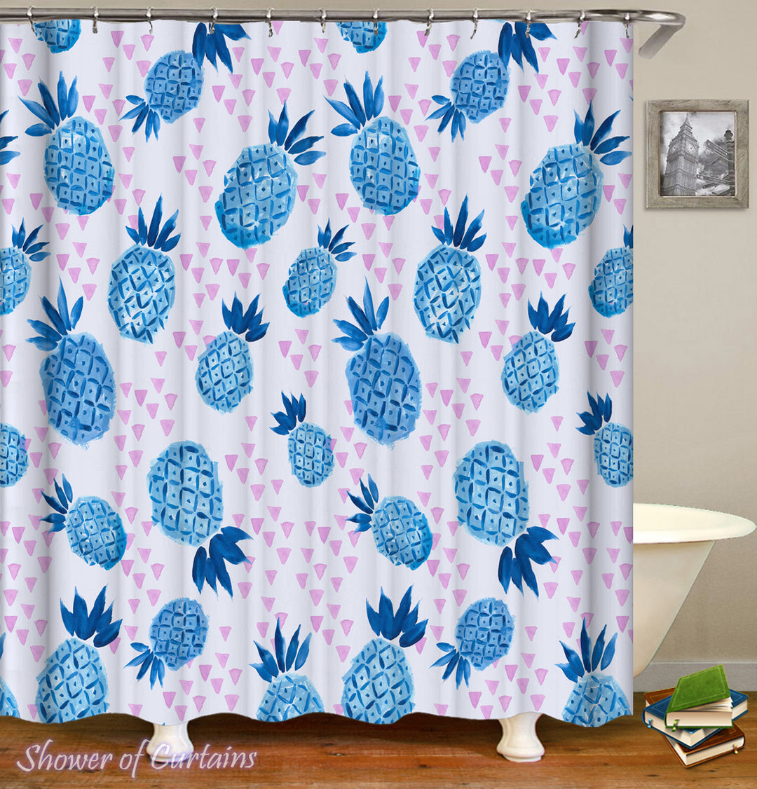 Tropical Shower Curtains of Blue Pineapple Shower Curtain Pattern