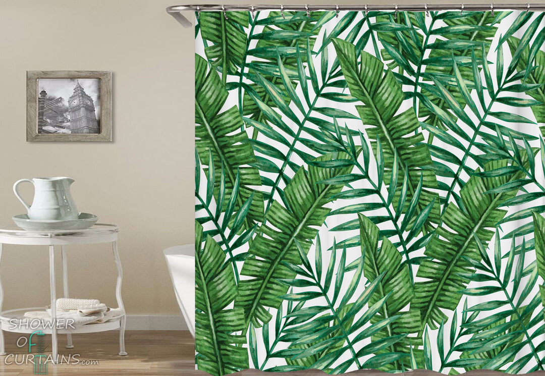 Tropical Shower Curtains of Green Tropical Leaf Shower Curtain