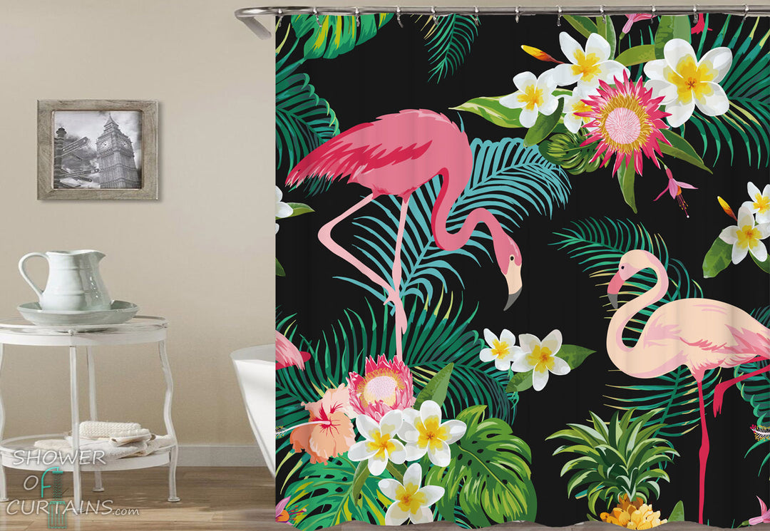 Tropical Shower Curtains of Tropical Flowers And Flamingo Shower Curtain