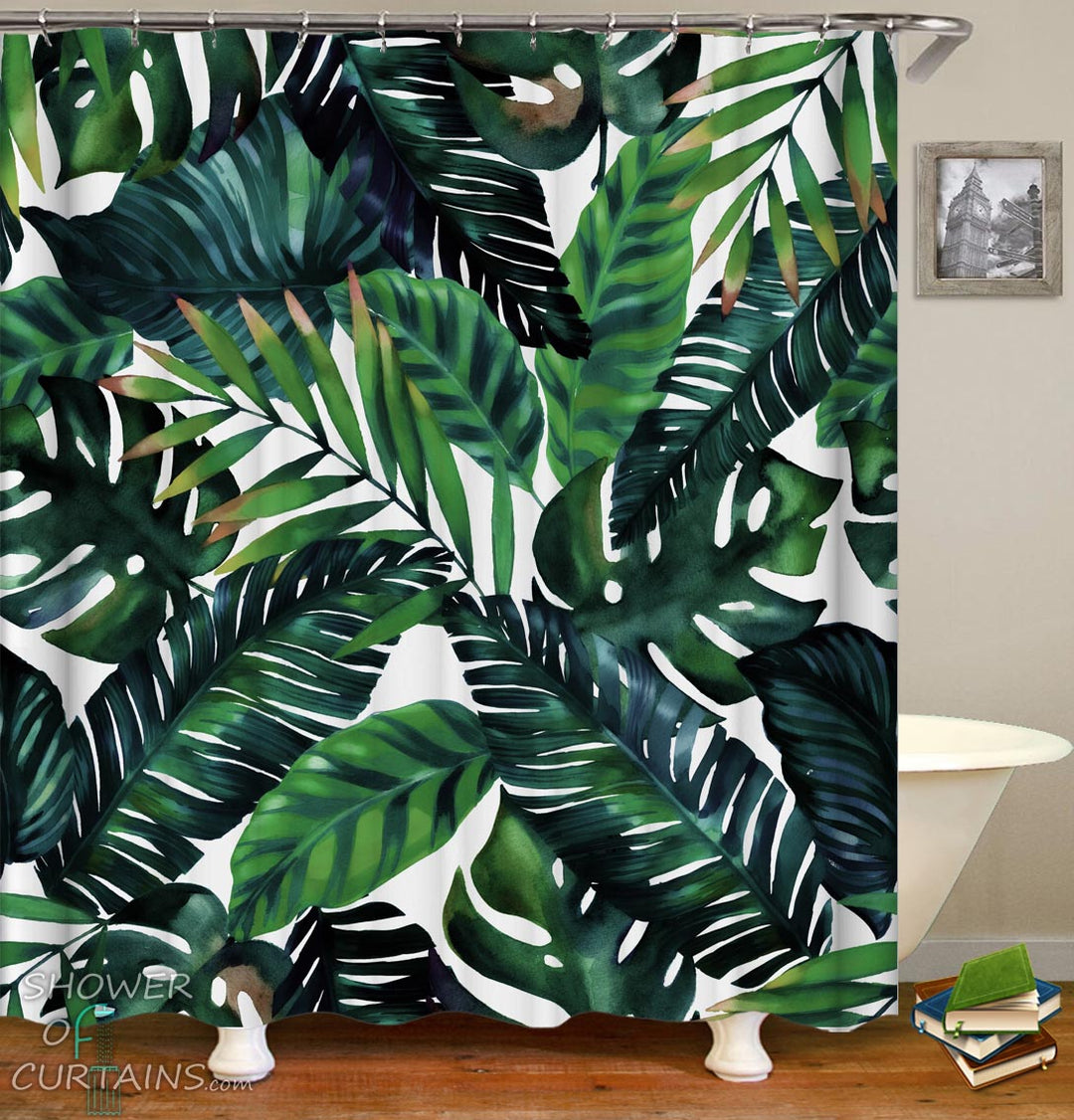 Tropical Themed Bathroom - Dark Green Palm Leaves Shower Curtain