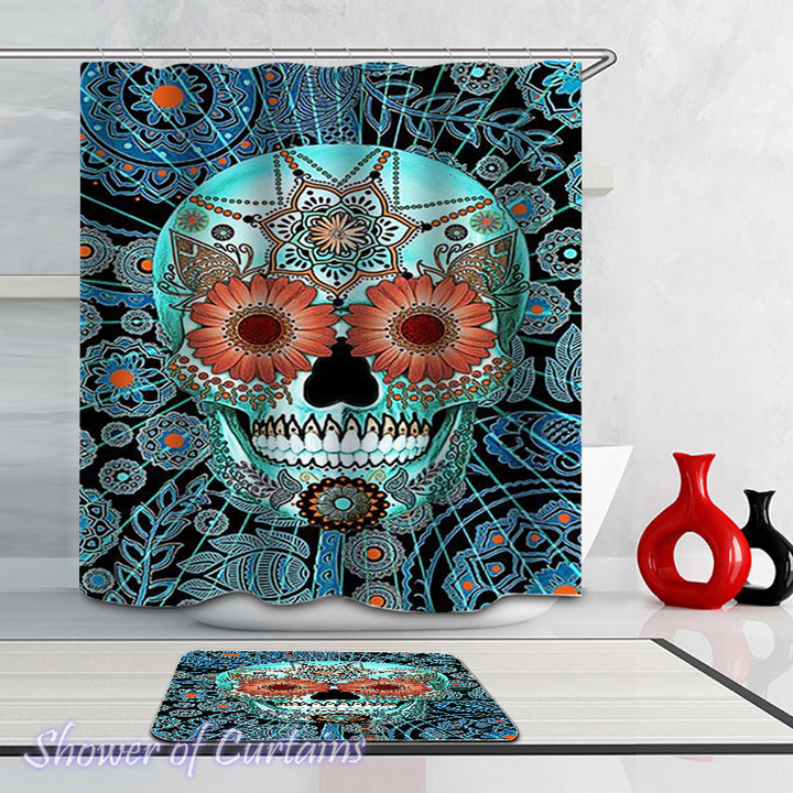 Turquoise Mandala Skull - mandala shower curtains