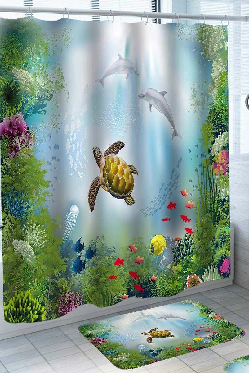 Turtle and Dolphins in Reef Shower Curtain